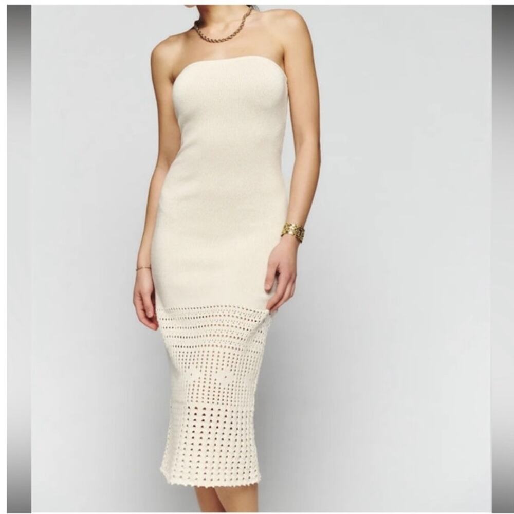 Reformation Livvy Open Knit Strapless Midi Sweater Dress in Gossamer Size Small